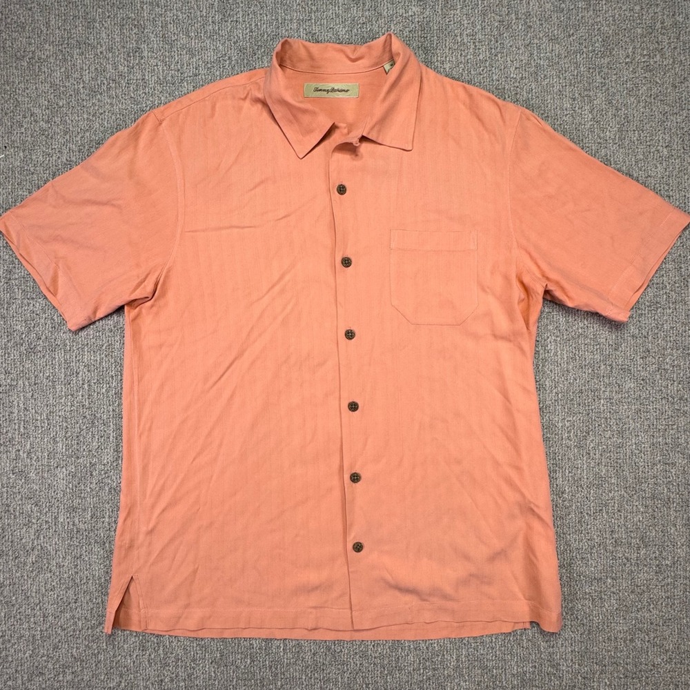 Tommy Bahama Men Medium Solid Peach‎ 100% Silk Short Sleeve Camp Shirt EUC